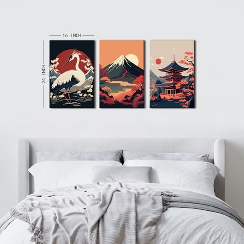 Vintage Japanese Canvas Wall Art Red and Black Japanese Posters Sunset Fuji Mountain Pictures Wall Decor White Crane Paintings Retro Asian Artwork for Living Room Office Home Decorations 16x24" 3Pcs