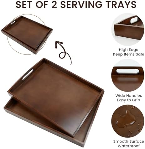 GOLD HONEY Bamboo Serving Tray with Handles, Wooden Serving Tray Set of 2