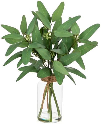 Artificial Eucalyptus Stems Fake Plants in Glass Vase with Faux Water