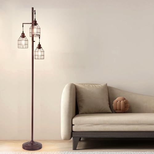 9MMML Floor Lamp for Living Room, Farmhouse Industrial Dimmable Floor lamp, 3 Lights Metal Cage Tree Standing Lamp,68", 3Pcs LED Bulbs Included