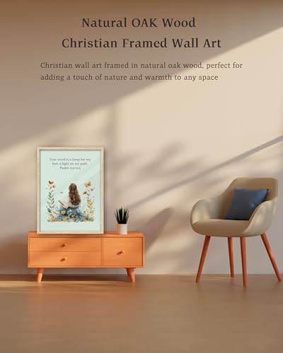 KensTro 12x16 Oak Framed Psalm 119:105 Christian Wall Art | Natural Oak Wood Frame with Bible Reading Meadow Illustration and Psalm 119:105 Scripture for Bedroom, Office or Prayer Space