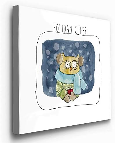 Renditions Gallery Abstract Animal Wall Art for Home Decor Christmas Owl Holding gift in a Snow Canvas Hanging Artwork for Dining Living Room Kitchen Decorations - 24"X24" LT05