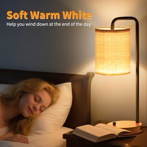 Table Lamps Set of 2 with USB Ports and Wooden Base, Bedside Nightstand Lamps with Warm White Bulbs, Fabric Shade for Bedroom, Living Room, Office, Boho
