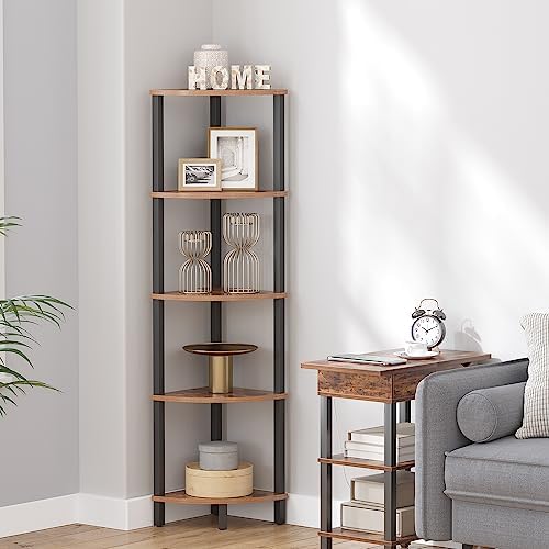 VIMBER Corner Shelf, 5-Tier Corner Bookshelf, Industrial Corner Ladder Shelf, Rustic Display Shelf for Living Room, Bedroom, Kitchen, Home Office, Rustic Brown and Black UJSJ001H