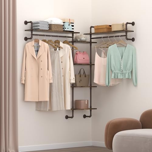 Helsin 5-Tiers 74inch Large Rustic Industrial Pipe Floating Shelving, Wall Mounted Heavy Duty Clothes Rack with Double Hanging Rods Display Storage Rack for Bedroom Organization & Home Décor