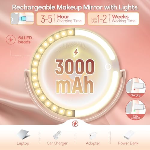 B Beauty Planet Vanity Mirror with Lights, 30X Magnifying Makeup Mirror, 3 Lighting and Adjustable Brightness, Rechargeable 2-Sided Height Adjustable Desk Mirror for Bedroom, Gifts for Women Pink