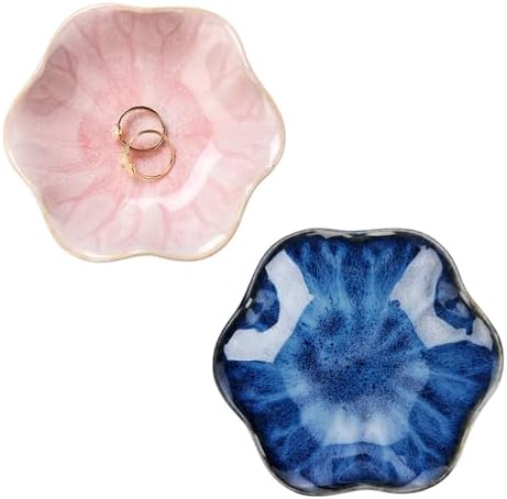 JAMEND CLXP 2PCS Lotus Leaf Shape Ring Holder Dish, Small Key Bowl, Ceramic Trinket Tray Jewelry Dish Organizing Necklace Earrings for Mom Friend Sister, All Jewelries Are NOT Included. Blue+Pink.…