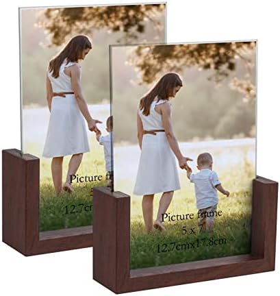 PETAFLOP 5x7 Picture Frame, Double-sided Rustic Photo Frames with U-shape Wooden Base for 5 by 7 Inch Photo Display, 2 Pack