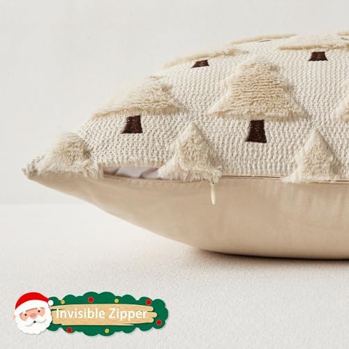 UGASA Christmas Decorative Pillow Covers 18x18 Inch Soft Plush Faux Fur Jacquard Throw Pillows Pillowcases for Couch Sofa Holiday Festivals Winter Home Decor Set of 2 Beige
