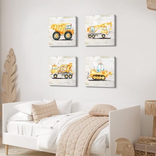 Construction Wall Decor for Boys Room Dump Truck Wall Art Tractor Excavator Canvas Pictures Car Poster Watercolor Vehicle Prints Paintings for Toddler Bedroom Nursery Home Decorations 18x18"4Pcs