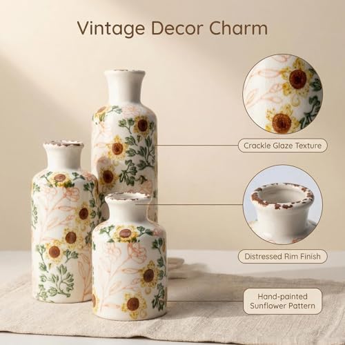Vintage Ceramic Flower Vase Set of 3, Rustic Farmhouse Vase for Home Decor, Distressed Decorative Vase for Table Entryway Mantel Centerpiece Living Room Bathroom Bedroom (Sunflower Crackle)