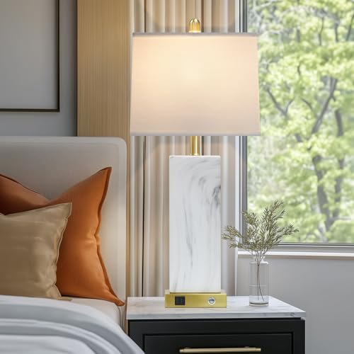 28.5" White Ceramic Lamps Set of 2, 3-Way Touch Control Bedside Table Lamp with USB C+A Ports, Modern Square Lamps for Living Room, Tall Bedroom Lamp for Night stand Side End Table Home Decor