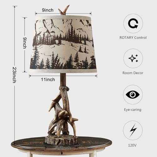 23'' Rustic Deer Antler Table Lamps Set of 2 for Log Cabin Bedroom Nightstand Western Country Side Lamp for Living Room End Table Study Room Desk, Brown, Forest Print Shade