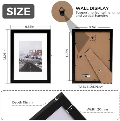 Muzilife Black A4 Picture Frame with Mat, Clear Shatterproof Cover,2 Pack