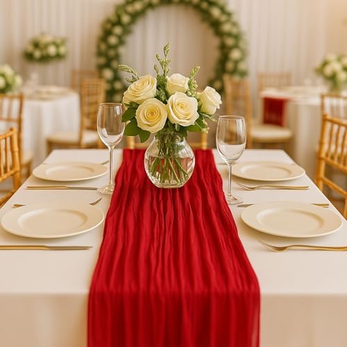 6 Pack 10FT Red Cheesecloth Table Runner 120 Inch Rustic Boho Gauze Cheese Cloth Table Runner for Wedding Baby Shower Bridal Shower Birthday Party Home Decorations