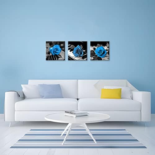 NAN Wind Blue Wall Decor for Living Room Blue Bathroom Accessories Black and White Canvas Wall Art Blue Rose Music Pictures Bedroom Decor Modern Painting Kitchen Home Decorations 20x20 3 Pcs/Set