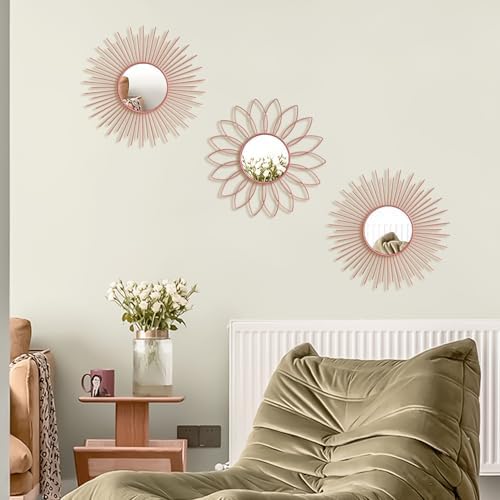 3 Pack Metal Mirrors for Wall Sunburst Wall Mirrors Home Décor Decorative Hanging Wall Art for Living Room Bedroom Entryway (Pink, Flower+Sunburst)