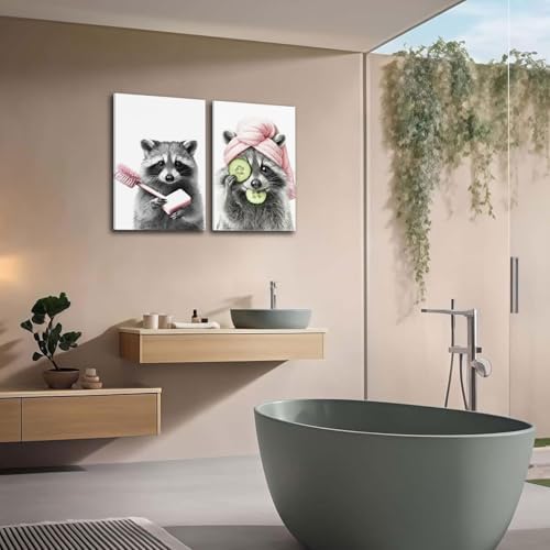 Funny Raccoon Bathroom Wall Art Black White Pink Animal Canvas Prints | Whimsical Skincare Raccoon Painting Black White With Soft Pink Picture Wall Decor for Kids Bathroom Restroom Washroom 16x24In