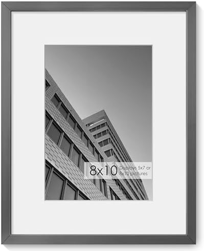 Fun Memories 8x10 Inch Metal Picture Frame - Aluminum Photo Frames - 5x7 Mat - Ideal for Wall or Tabletop Display - Wall Hook Hanging Hardware Included - Grey - Set of 1