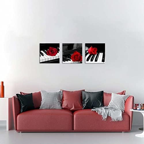 NAN Wind 3 Pcs Modern Canvas Painting - Black and White Red Rose Art With Piano Keyboard - Music Decorations Flower Picture for Home Decor - Giclee Framed Artwork for Wall
