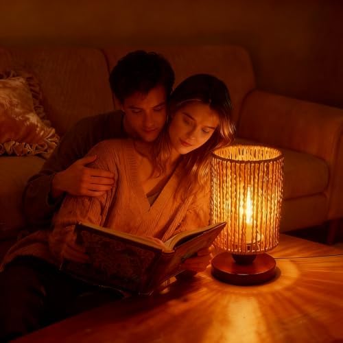 Rattan Table Lamp,Boho Small Beside Lamp,Mini Farmhouse Table Lamp for Room Decor,Vintage Wicker Wooden Nightstand Bamboo Woven End Table Lamps for Living Room Bedroom Desk Kids Room,LED Bulb Included