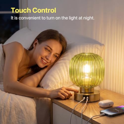 Elenhome Touch Small Table Lamp,Elegant Green Glass Bedside Lamp 3 Way Dimmable with USB C+A Charging Ports - Bedroom Nightstand & Living Room Essential, 4W Bulb Included (Green)