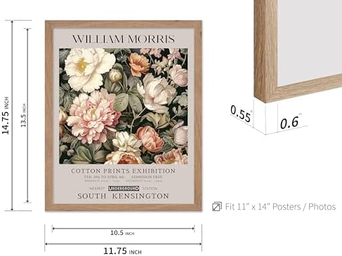 Poster Master William Morris Poster - Pink Peonies Print - Flower Art - Botanical Art - Exhibition Illustration - Textile Pattern Illustration - Floral Illustration - Aesthetic Office or Bedroom Decor - 11x14 Beige Framed