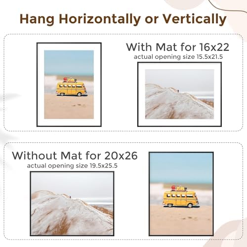 Fun Memories 20x26 Picture Frame, 20 x 26 Metal Poster Frame with Mat for 14x22 Photo - HD Tempered Glass - Vertical and Horizontal Display