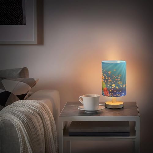 Table Lamp Underwater Sea Fish Coral Ocean Sunshine Nightstand Lamp with Wood Base Fabric Lamp Shade Bedside Desk Lamp for Living Room Bedroom Kids Room Office