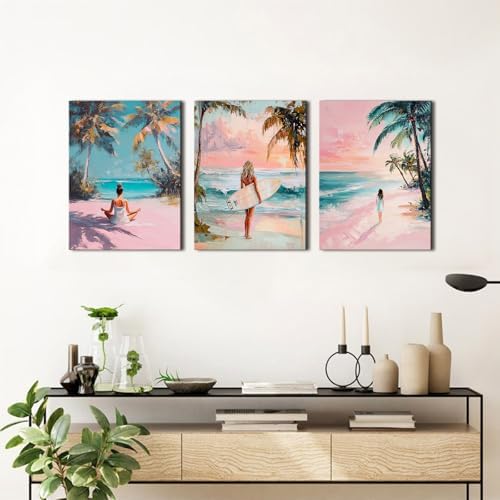 Pink Beach Wall Art Preppy Coastal Wall Decor Surfing Girls Pictures Pink Room Decor for Teen Girls Tropical Ocean Beachy Canvas Painting Aesthetic Artwork Yoga Bedroom Home Decorations 12x16" 3Pcs