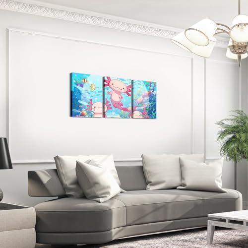 Feelyou 3 Piece Pink Axolotl Framed Canvas Wall Art for Living Room Kawaii Sea Animal Wall Decor for Bedroom Salamander Office Wall Decor Cute Sea Creature Wall Painting Artwork Art Home Decor