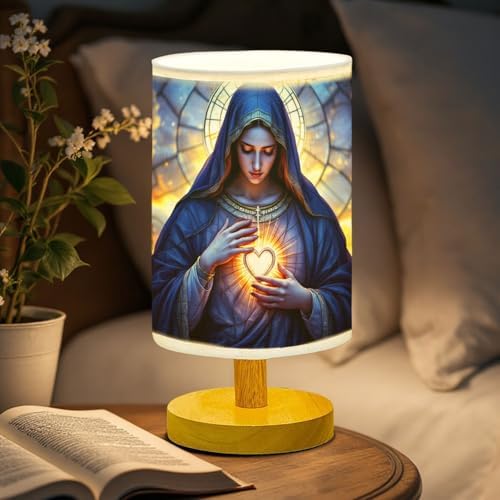 Our Lady of Sorrows Table Lamp LED 3-Color Pressed Bedside, Our Lady of Sorrows Shade Lamp with Wood Base for Bedroom Living Room Desk Office TL01