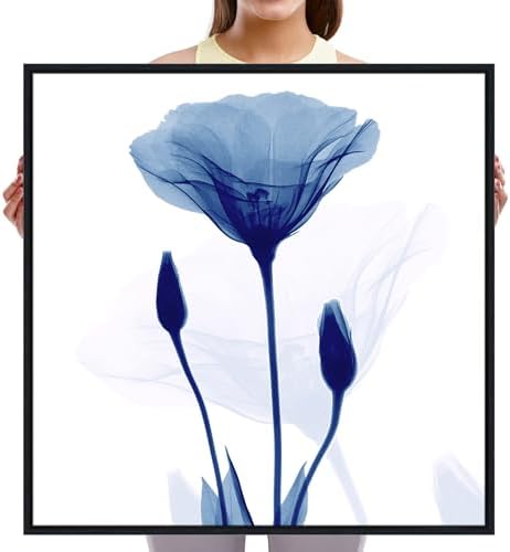 Pyradecor Framed Blue Xray Transparent Flower Canvas Wall Art, Minimalist Translucent Floral X-Ray Art Print, Modern Navy Blue Botanical Picture with Black Frame Ready to Hang for Bedroom Living Room Bathroom Home Decor
