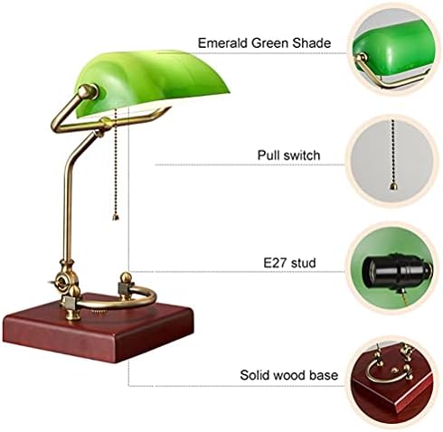 Table lamp Emerald Green Glass Reading Light Wooden Base 1920's Classic Banker lamp Green Pull Switch LED Desk lamp Adjustable 360 Degree lampshade Office/Bedroom/Study E27… (Model-C)