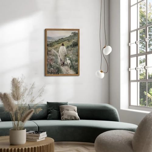 Jesus and Lamb Wall Art 3D Textured Hand Drawn Sandstone Lost Lamb Wall Decor, Jesus Leaves the 99 Sheep Christian Paintings Artwork for Living Prayer Room Bedroom 24x36 inch Wood Framed