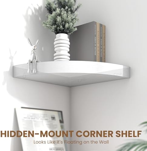Fun Memories Floating Corner Shelves Set of 2 - Rustic Wood Wall Mounted Storage and Display Shelves for Living Room, Bedroom, Kitchen, Bathroom - Space Saving Home Decor, White