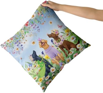 Giwawa 2PCs Spring Dogs Throw Pillow Covers, 18"x18" Colorful Wildflowers Funny Puppy Decorative Square Pillow Cases, Watercolor Floral Animal Cotton Cushion Covers Sofa Porch Bedding Decor