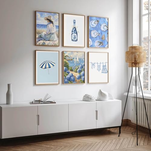 Coastal Cowgirl Wall Art Set of 6 Beach Canvas Wall Decor Blue Aesthetic Wall Art Preppy Coquette Poster Trendy Beachy Pictures Coastal Granddaughter Prints for Living Room Bedroom 8x10 Inch Unframed