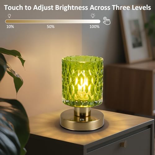 Cordless Rechargeable Table Lamp with Timer & Remote Control, Dimmable Touch Glass Battery Powered Lamp, Aesthetic Small Night Light for Bedroom Desk Bookshelf Living Room Decor (Jade Green)
