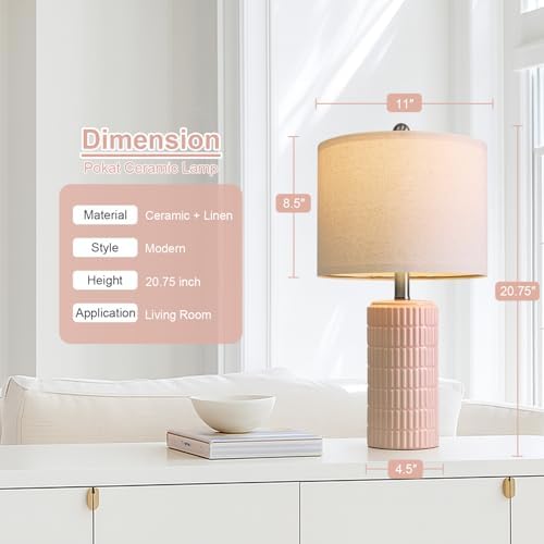PoKat 20.75" Pink Ceramic Table Lamps Set of 2, Small Modern Bedroom Lamps for Girls Room, Bedside Lamps for Night Stands, Cute Lamps for Living Room Decor, Nightstands Desk Lamp, Light Pink