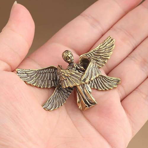 Copper Praying Baby Angel Figurine Statue Cute Memorial Six Wings Cherubs Sculpture Portable Mini Size Home Decorations Office Desk Decor Ornament Gift for Lover Kids Boy Girl Friends