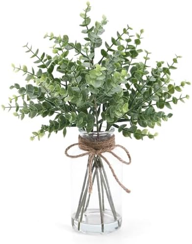 Coferset Eucalyptus Stems in Glass Vase with Faux Water, Sage Green