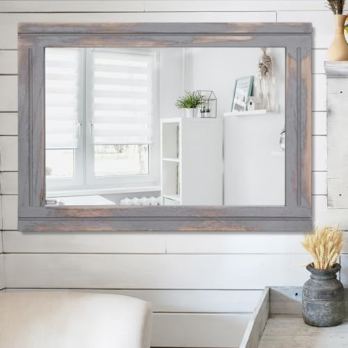 AAZZKANG Wood Framed Mirror Rectangular Rustic Wall Mirrors Decorative Large 26"x18" for Farmhouse Bathroom Living Room Bedroom Grey