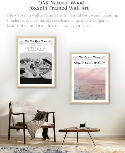 iHery 16x20in Surf’s Up Cowgirl Framed Newspaper Wall Art | Natural OAK Wood Frame with Canvas Print, Coastal Cowgirl Decor for Bedroom, Dorm, Living Room and Bar Cart, 1Pack
