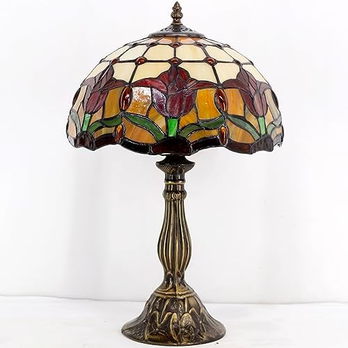 WERFACTORY Tiffany Table Lamp Stained Glass Style Tulip Flower Bedside Reading Desk Light 12X12X18 Inches Decor Bedroom Living Room Home Office S030 Series