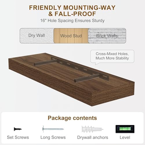 Fun Memories 55 Inch Fireplace Mantel - Long Floating Shelf, Wall Mounted Farmhouse Display with Invisible Heavy Duty Metal Bracket, 2 Pack, Walnut