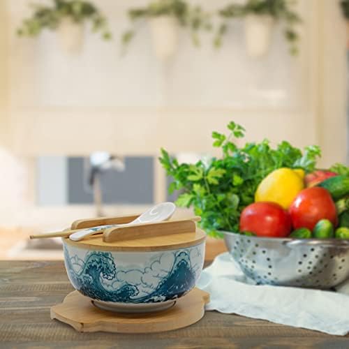 XWORLD Japanese Ceramic Ramen Noodle Bowls Set with Ceramic Spoon, Bamboo Chopsticks, Lid & Trivet, Serving Capacity of 33.8 OZ, Microwavable Oven Safety (3.3” x 6.6” D) (Blue Sea)