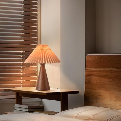 Ziqqeelam Wood Touch Control Table Lamp, Mini Cute Table Lamp, Wooden Grain Bedroom Lamps for Nightstand, Small Scalloped Lamp Shade Table Lamps for Small Spaces for Bedroom,Living Room