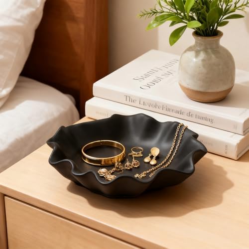Small Black Ceramic Decorative Bowl, Modern Home Decor Centerpiece 7.8 Inches Key Jewelry Ruffle Fluted Scalloped Bowl with Wavy Edge