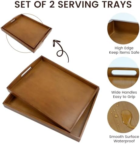 GOLD HONEY Bamboo Serving Tray with Handles, Wooden Serving Tray Set of 2